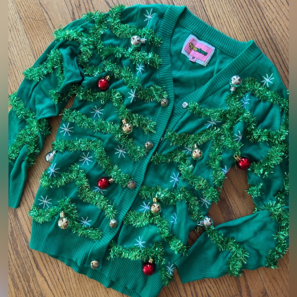 Tipsy Elves Ugly Sweater Festive Green Garland Christmas Tree Holiday New - Picture 2 of 5